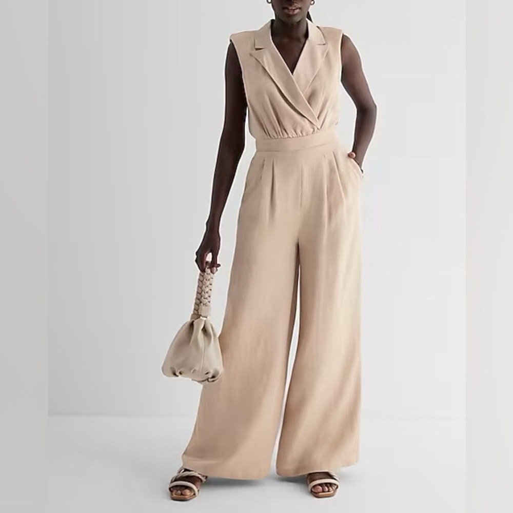 Linen-Blend Wide Leg Blazer Jumpsuit